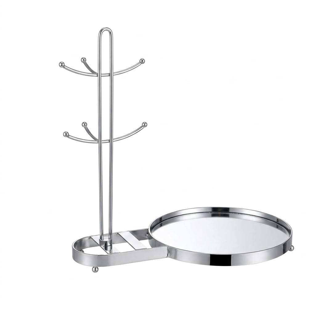 

m&em Jewelry Rack Accessory Storage Stand, with 6 Hooks, Mirror Tray, Key Holder, Entryway Storage, Necklace Stand, Small Item Organizer, Silver