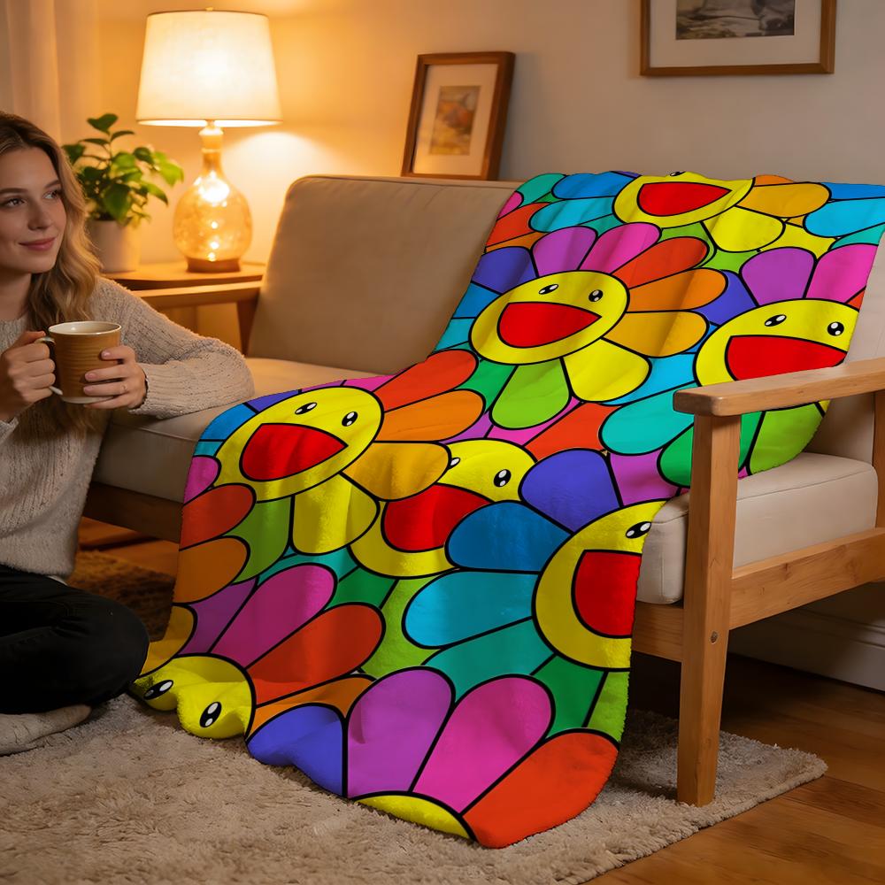 Hochdichte Kurzflor-Decke für Sofa, Nickerchen, Raum, Weich, Hautfreundlich, Lachende Blume, Kunstwerk von Takashi Murakami