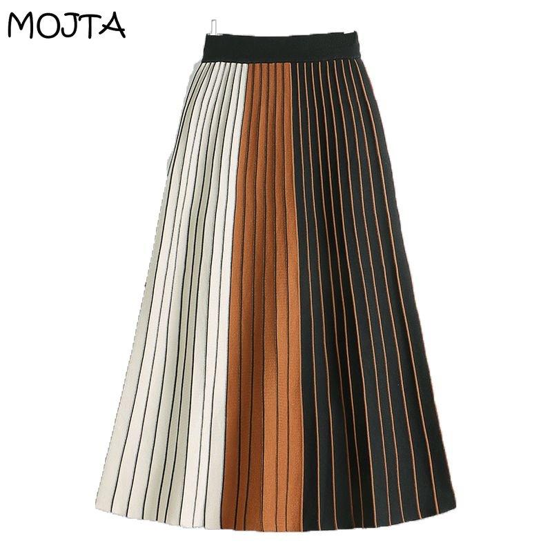 MOJTA Mid-length Skirt Spring Summer Women's Elastic High Waist Skirt A-line Long Skirt