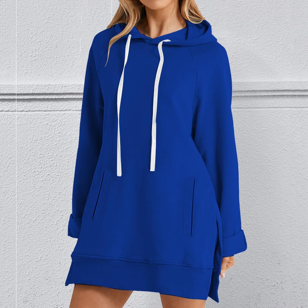 Women's Fashion Hooded Pocket Split-Hem Fleece-Lined Long-Sleeve Pullover Sweatshirt