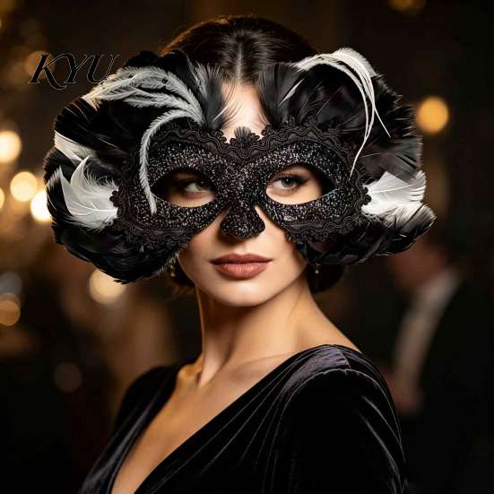 Elegant Mysterious Dance Party Mask Feather Masquerade Masque, Halloween Half Face Vintage Venetian Lace Masque Eye for Carnival Costume, Mardi Gras,