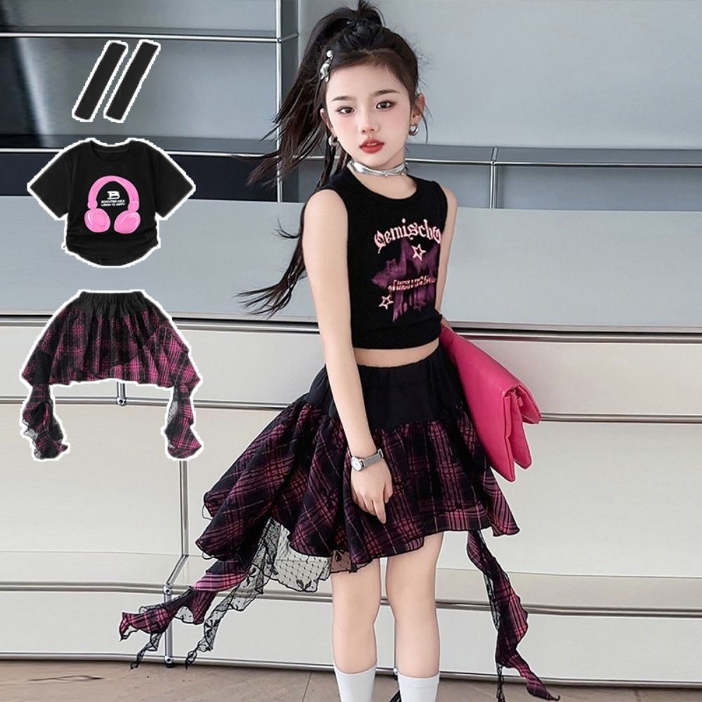 Jazz Children Dance Costume Streetwear T-shirt Plaid Skirt Set Fashion Y2k Outfits Suit  Stage