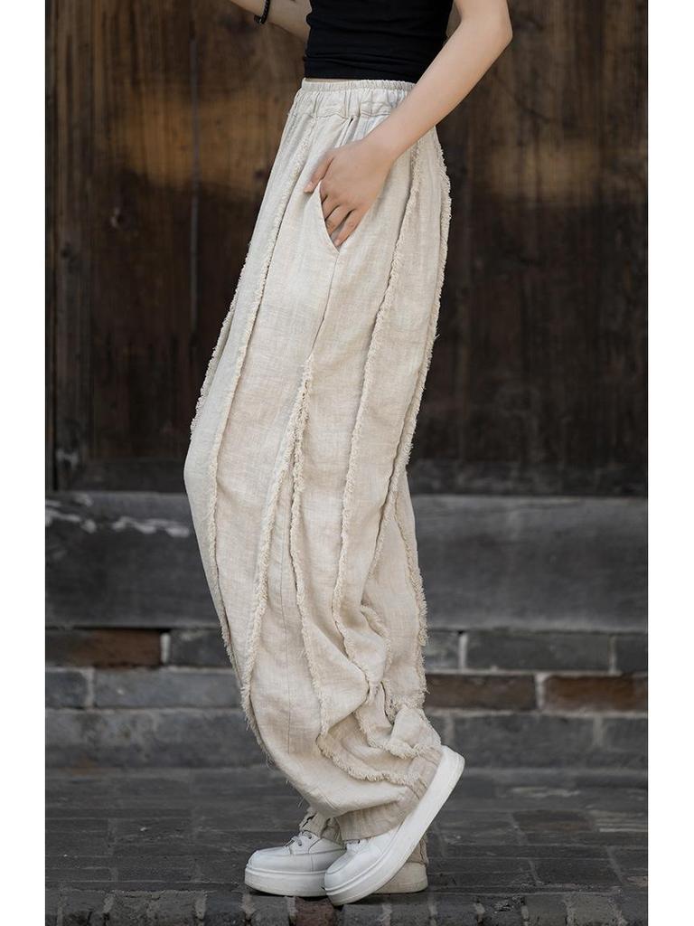 Women's Spring & Summer Ramie Flannel Pants - National Style, Improved Chinese Straight Cut with Drawstring.