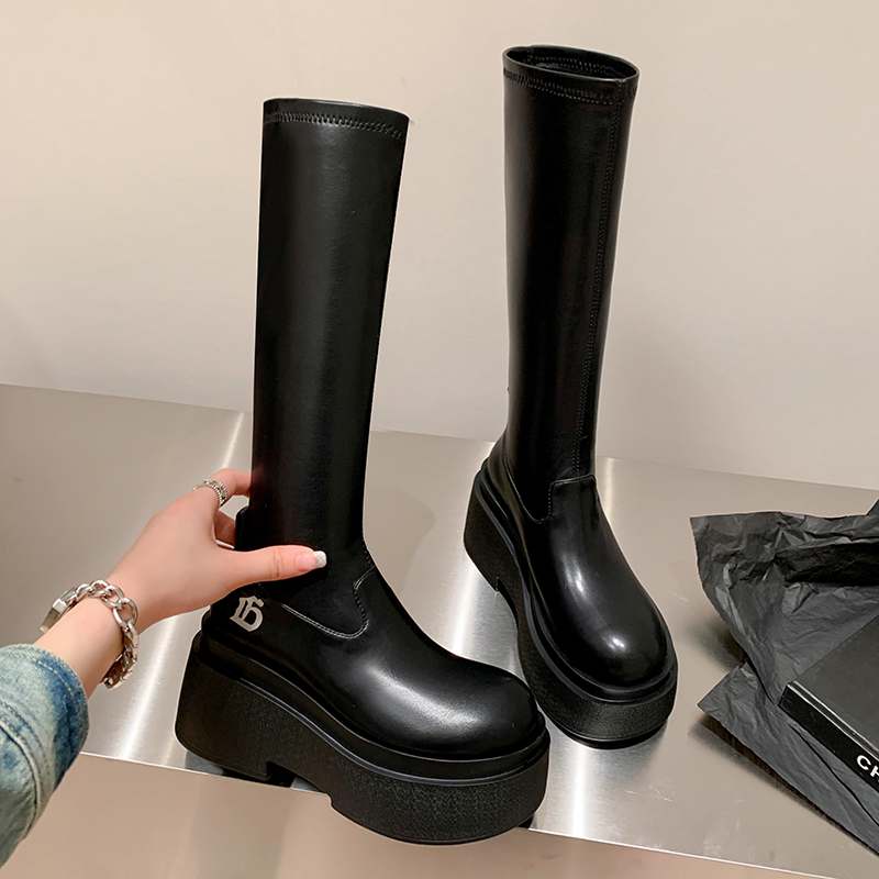 Krazing Pot Genuine Leather Spring Winter Shoes Flat Platform Superstar Elastic Boots Retro Fashion Women Thigh High Boots