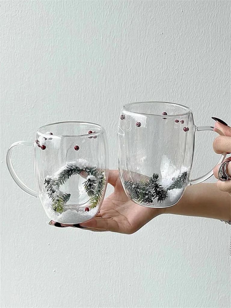 200/350ML Double Wall Glass Cup Real Dried Pine Needles Interlayer High Borosilicate Clear Glass Water Cup Christmas Gift