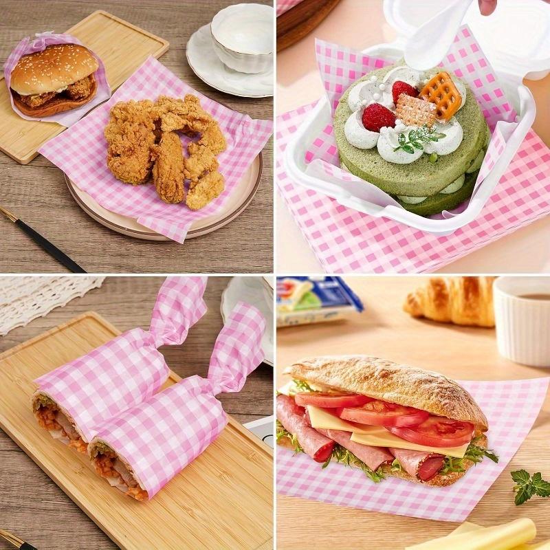 Yiyecek için 100 adet Pembe Kağıt Yaprak – Sandviçler, Hamburgerler, Hamur İşleri için Yağa Dayanıklı Yiyecek Sepeti Astarı – Yağlı Kağıt, Kağıt Pişirme Kalıbı