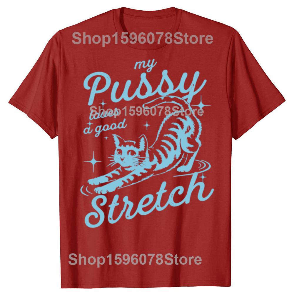 Funny My Pussy Loves A Good Stretch Inappropriate Adult Humor Cat T Shirts Men Tee Shirt Short Sleeve Unisex Loose Clothing