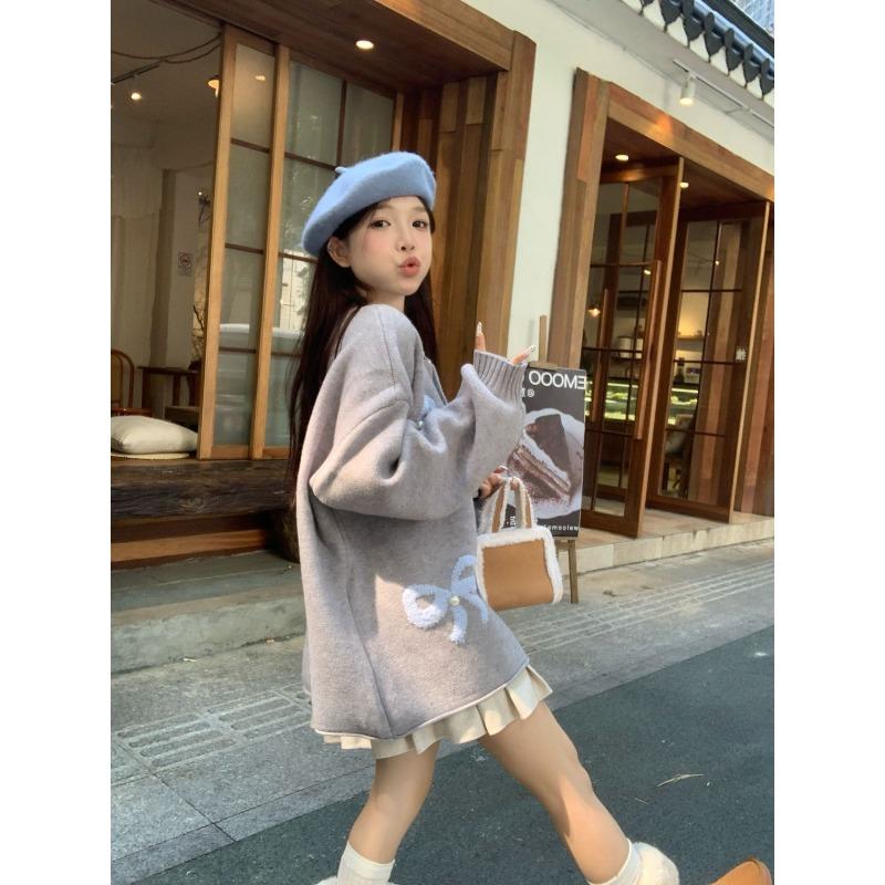 Women's Bow Cardigan Round Neck Single Breasted Sweet Knit Sweaters Thin Korean Style Casual Loose Woman Top