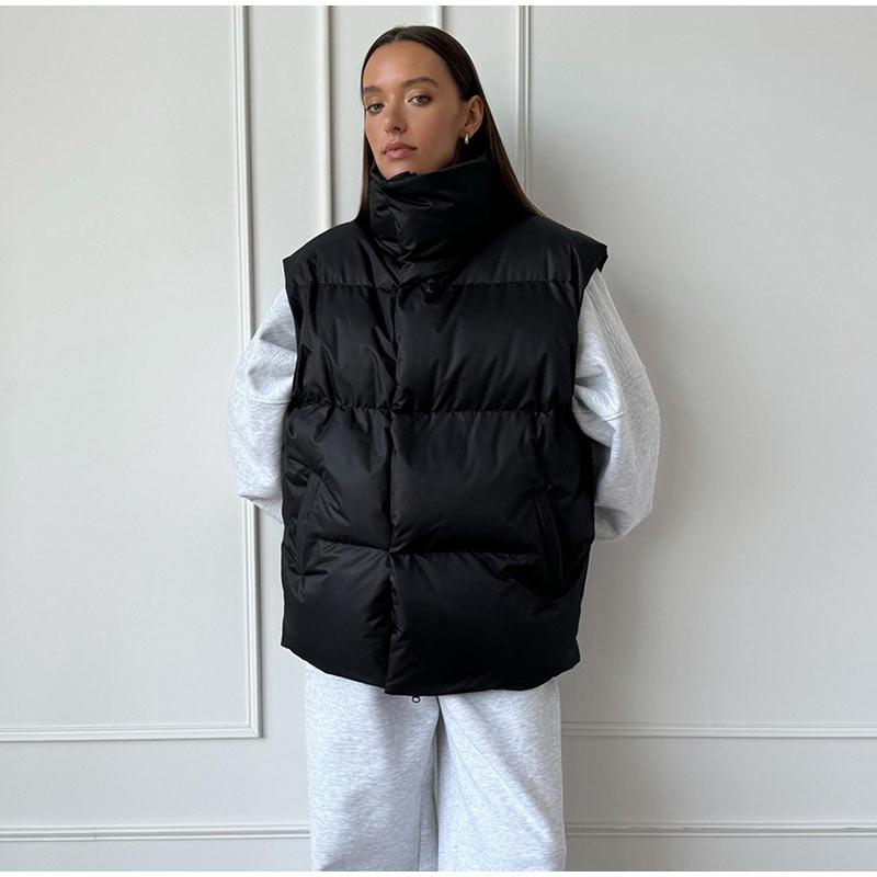 Autumn Winter Sleeveless Jacket Women Fashion Loose Thick Vest Solid Color Casual Sport Cotton Jacket Stand Collar Coat Warm Female Waistcoat