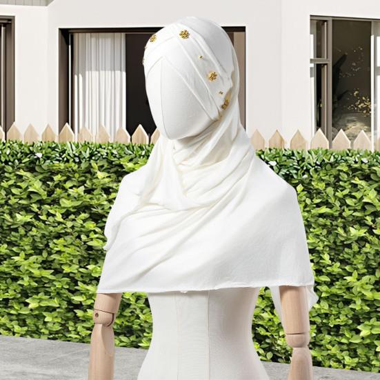 Headscarf Hat with Bright Bead Pleated Design Solid Color Shawl
