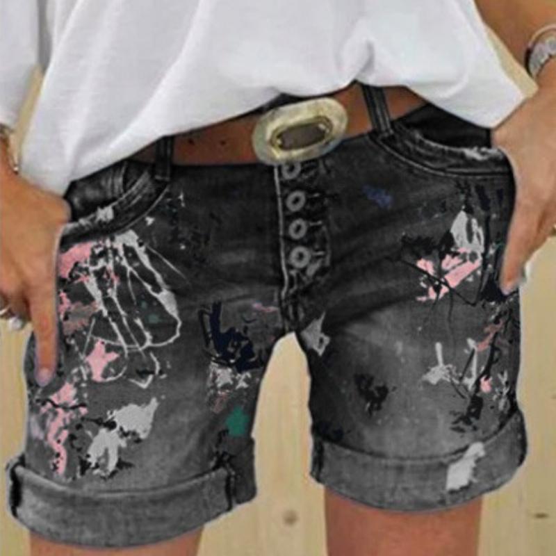 Summer Women's Fashion Tie Dye Print Denim Shorts Casual  Holes Rolled Up Jean Shorts