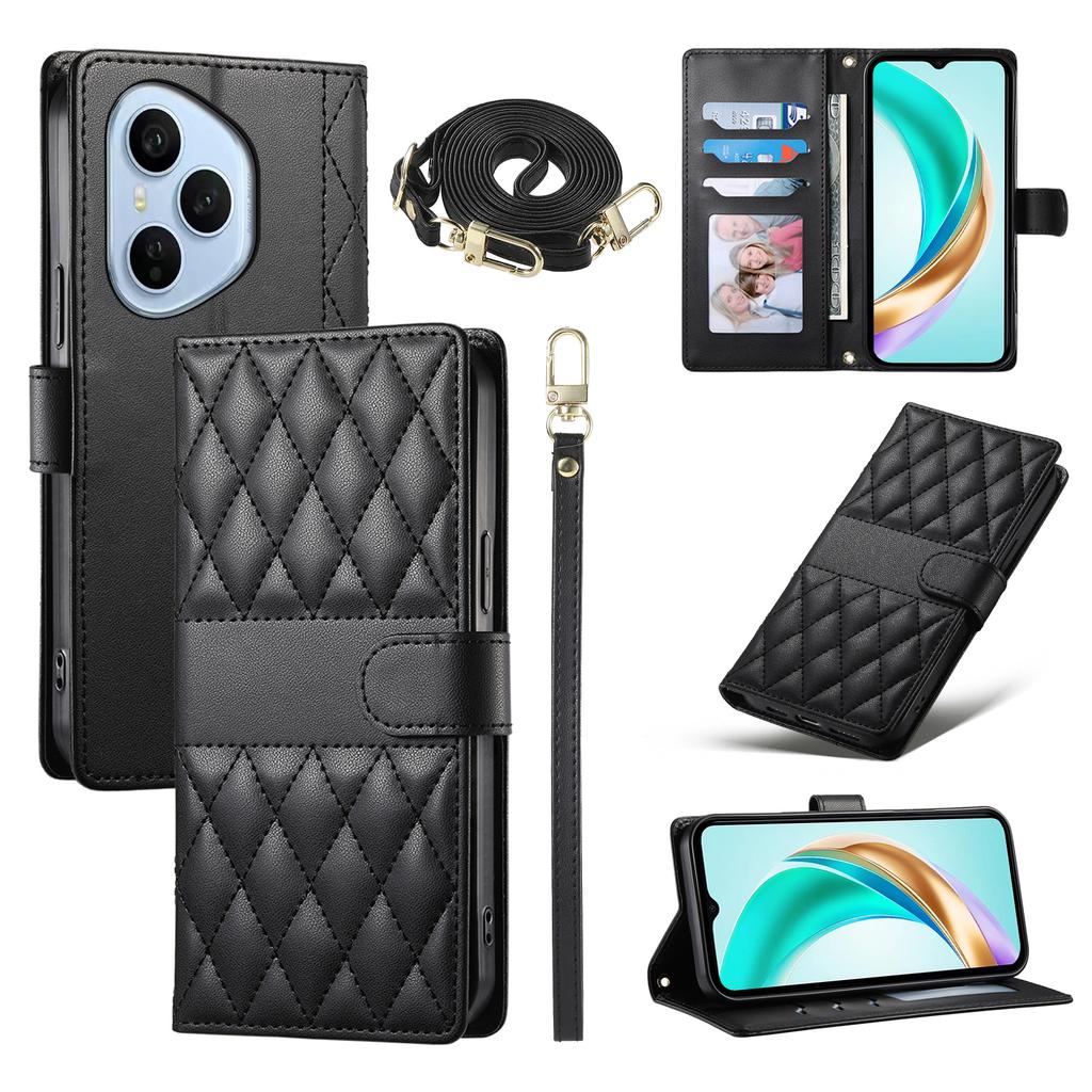 For Honor 400 Pro 5G (Global) Case Rhombus Stitching Wallet Stand Leather Phone Cover with Long/Short Strap