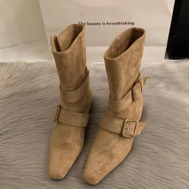 Fashion Elegant Women Ankle Boots Suede Heeled Shoes Designer 2025 Winter Retro Goth Fashion Boots New Trend Chunky Pumps Mujer Botas