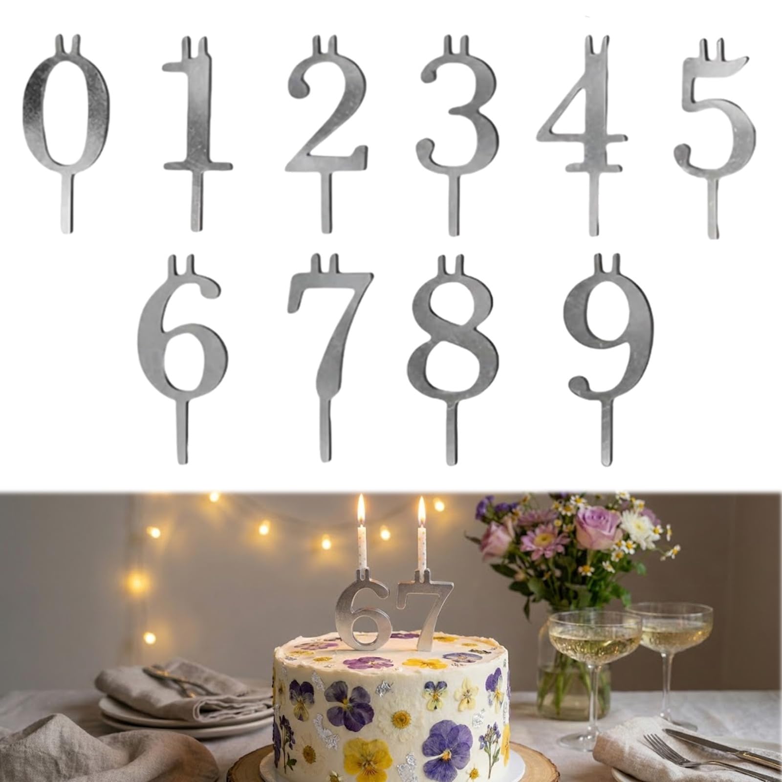 Digital candle holder set, reusable birthday cake number candles, 0-9 metal number cake candle holders, silver cake decoration