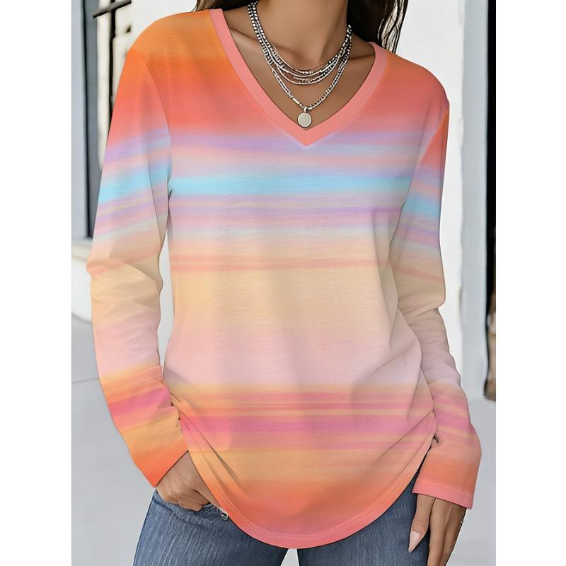 V-neck long-sleeved T-shirt with gradient cloud texture all-over print design, loose and casual spring and autumn comfortable and breathable top