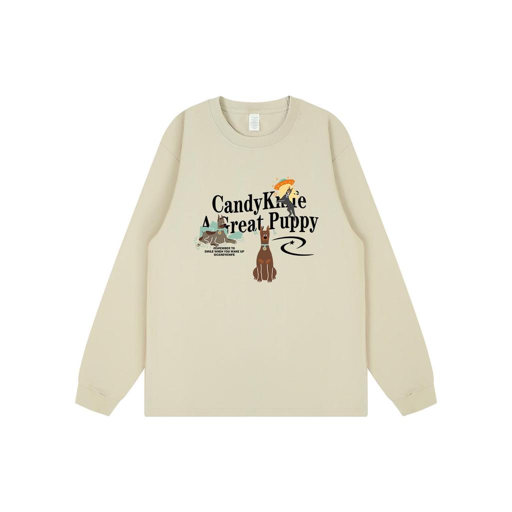 INS Trendy Retro Cartoon Dog Print Cotton Long Sleeve Couple T-shirt