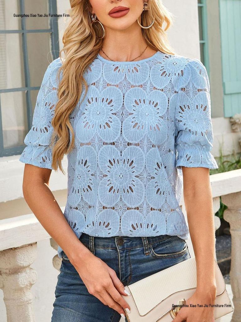 European American Women's Summer Lace Puff Sleeve Top TK2026