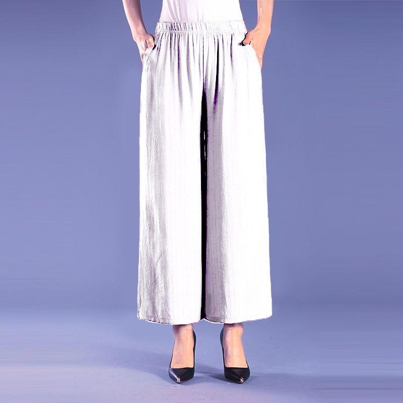 Women's Summer Cotton Wide Leg Trousers Loose Large Size Mother's Elastic High Waist Thin Nine-point Trousers