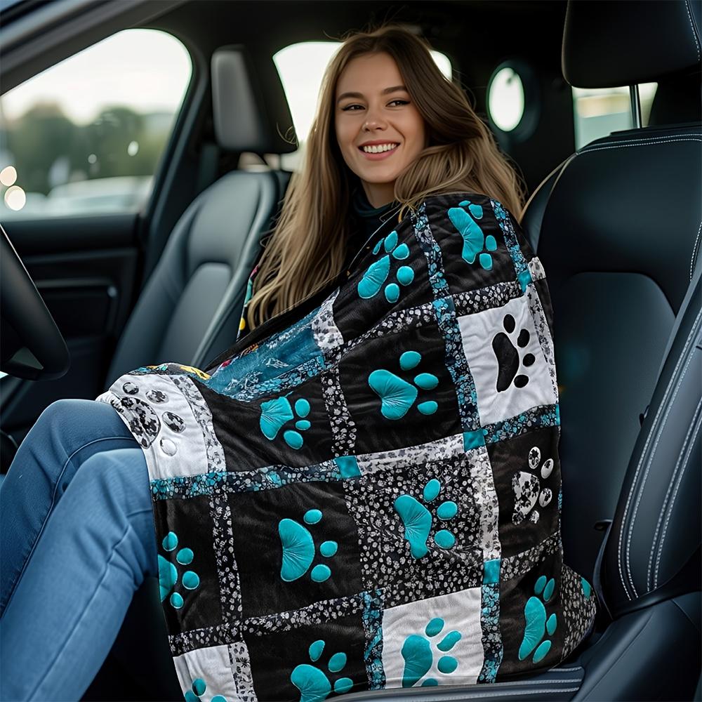 1Pc  Teal Paw Print Quilted Throw Blanket, Patchwork Dog Cat Paw Fleece Blanket For Pet Lovers Home Decor