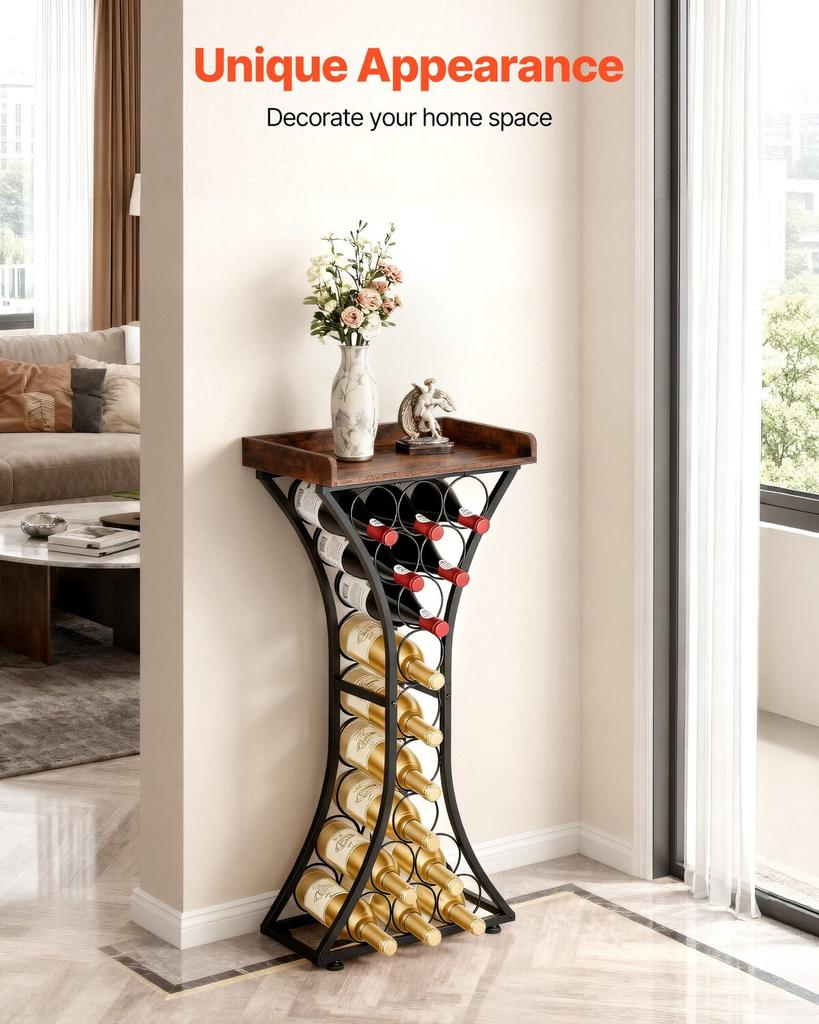 15 Bottle Wine Rack,Iron Freestanding Floor Wine Holder, Mini Bar Stand Liquor Cabinet with Wood Tabletop, For Home Bar,Kitchen,Living Room,Dining