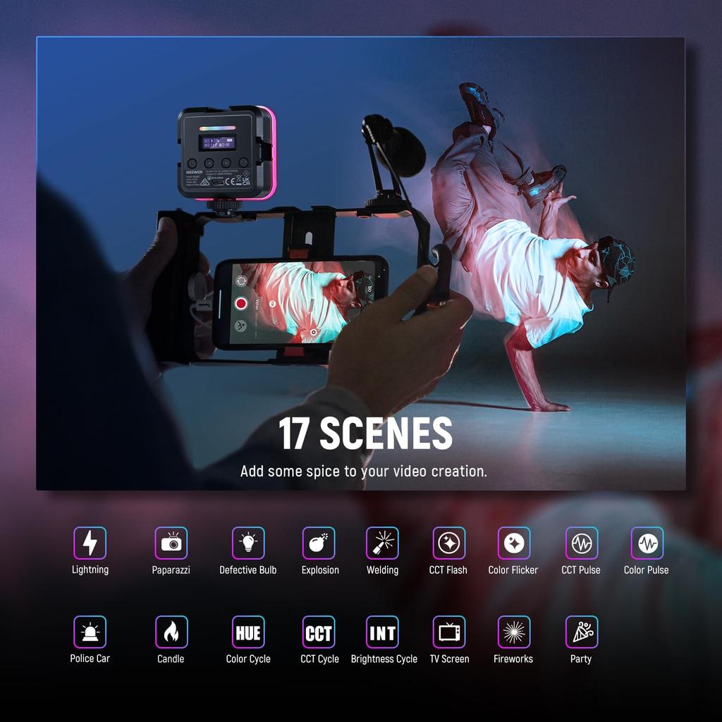 NEEWER RGB62 2-Pack Magnetic Video Lights RGB Shooting Lights APP Control 360° Full Color LED Camera Light CRI97+ Dimmable 2500K-8500K 17 Scene Modes