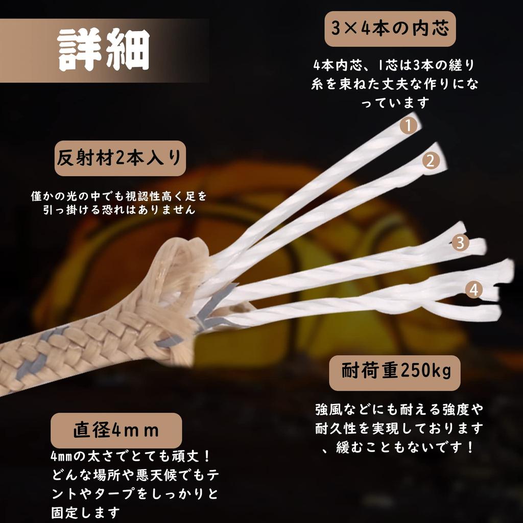 Adjustable Paracord Tent Rope with Tarp Reflective 4mm 4m with Adjustable 350kg Load Includes Storage Bag Carabiners, Rope, Guyline, Material,