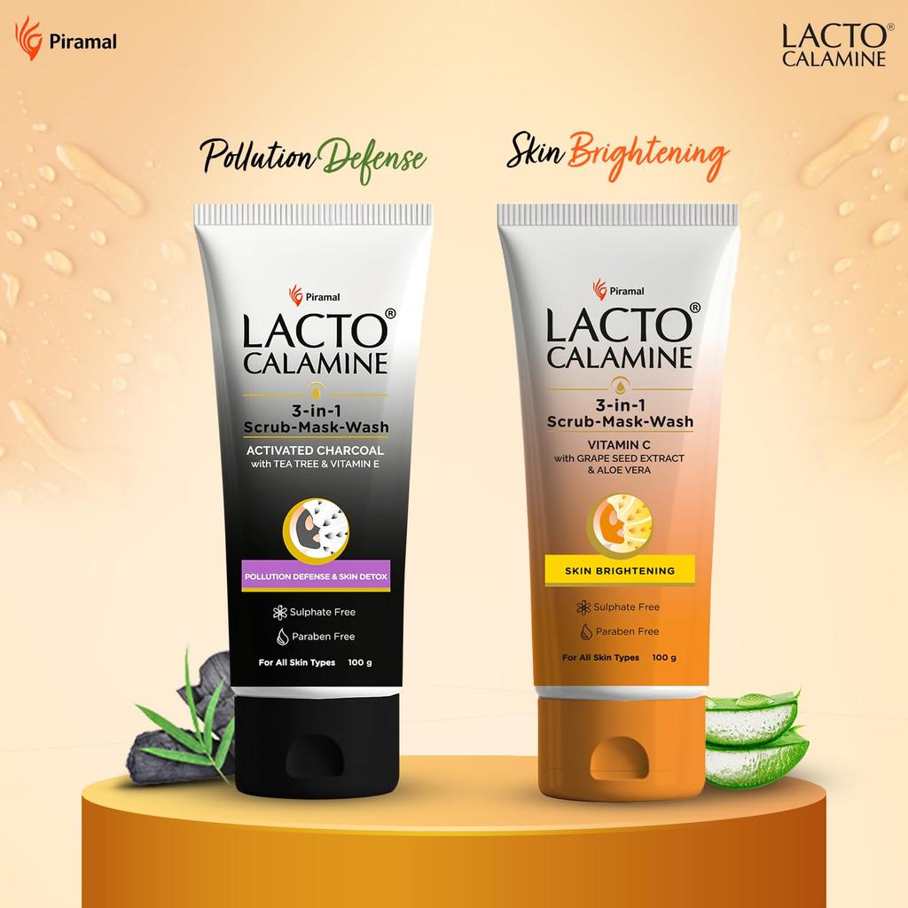 Lacto Calamine 3-in-1 Vitamin C Face Scrub Mask Wash 100ml Brightening Multi-Action Skincare