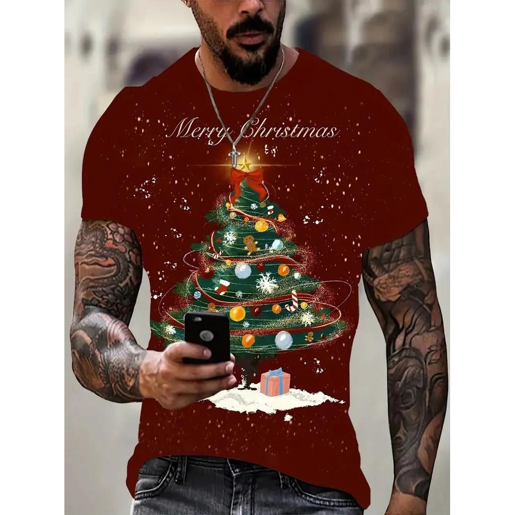 3D Printing Fun Tree Christmas Novel Pattern 3D Printing T-shirt Short Sleeve Men's Party T-shirt