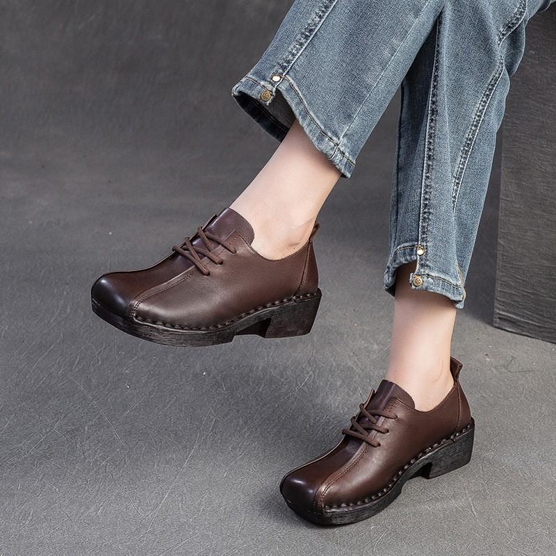 Fashion GKTINOO 2025 Autumn New Genuine Leather Round Toe Lightweight Casual Mid Heel Pumps Versatile Soft Sole Lace Up Women's Shoes