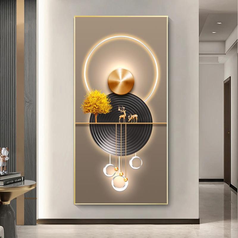 Abstract Luxury Golden Canvas Painting Rich Tree Light Wall Art Deer Posters and Prints for Living Room Porch Corridor Decor