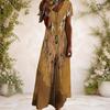 Women Plus Size V Neck Short Sleeve Grey Printed Straight Long Dress