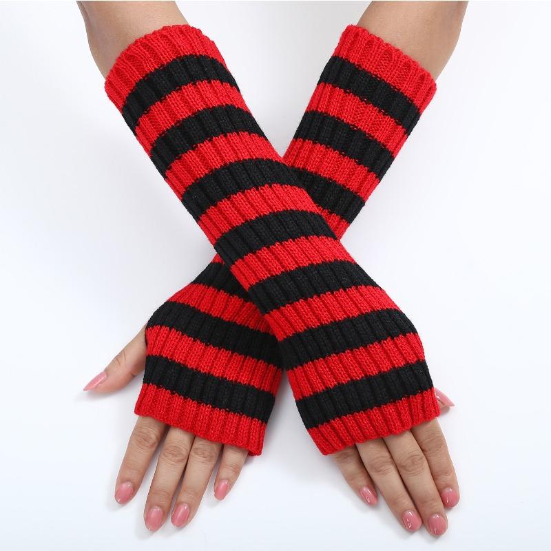 Multicolored Striped Woolen Gloves for Autumn and Winter Mid Length Fingerless Warm and Fashionable Knitted Arm Sleeves for Women