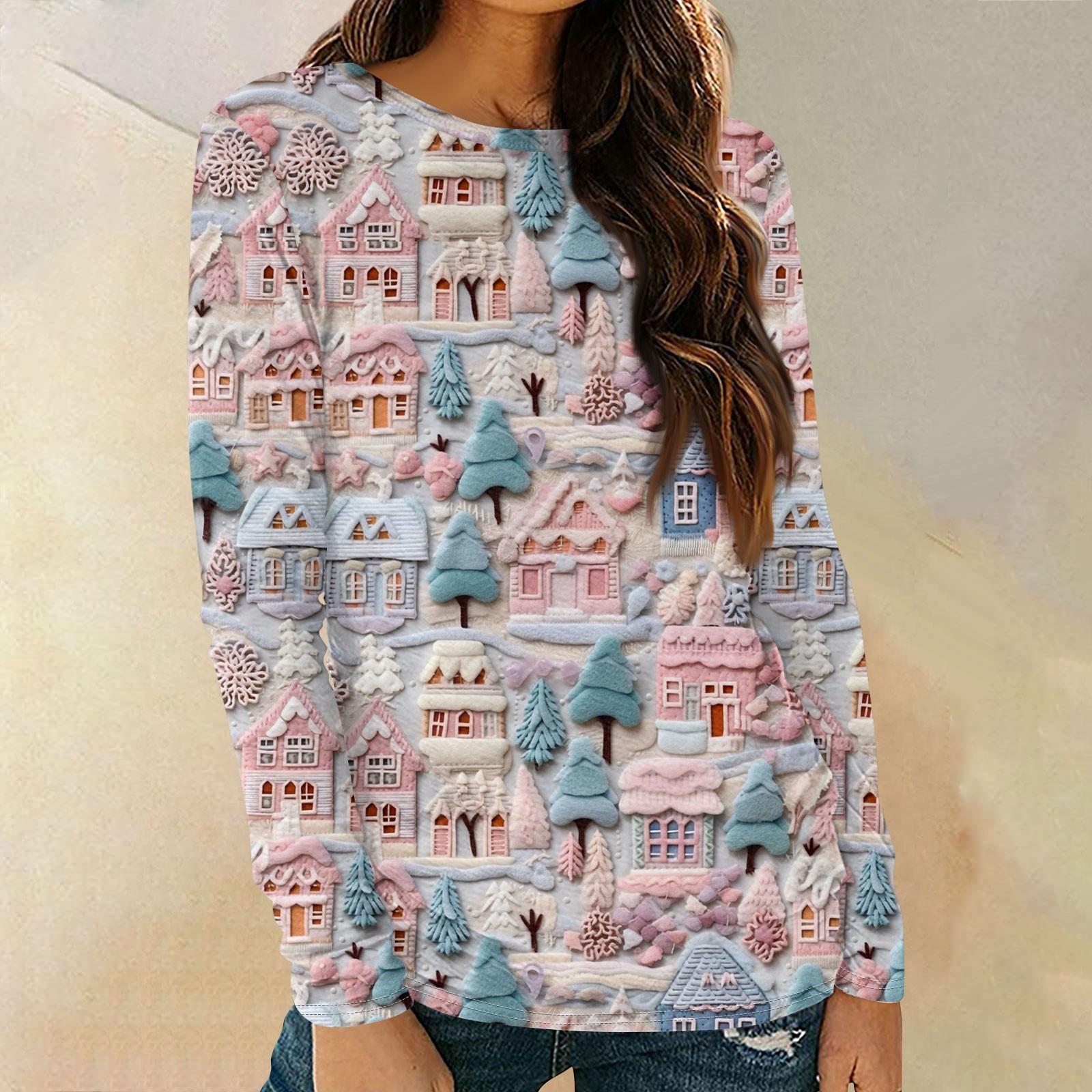 

Женские рубашки с длинным рукавом и круглым вырезом, повседневные топы, туники с рождественским принтом, свободные футболки XXL розовый