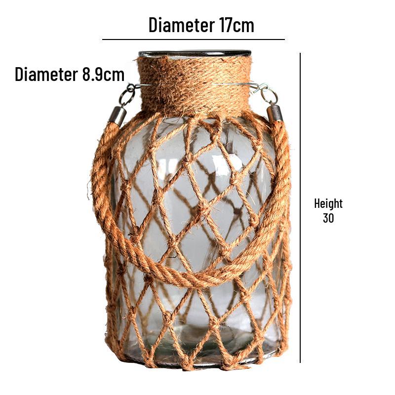 Retro Dried Flower Arrangement Glass Vase with Hemp Rope – Transparent Desktop Ornament for Home Decor