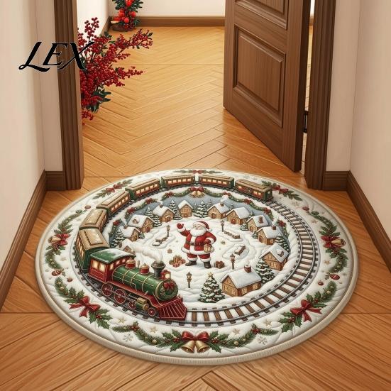 Indoor Decorative Floor Covering Round 3D Christmas Rug, Vortex Optical Illusion Area Santa Snowman Staircase Low Profile Fireplace Mat Depth Pattern,
