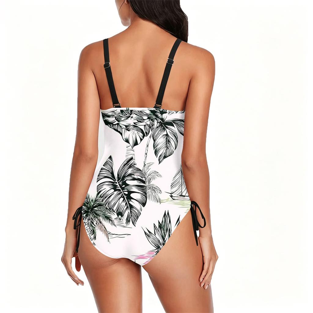 Damen Badeanzug mit U-Ausschnitt, tropischem Blattmuster, verstellbarem Seitenband, für Strand und Pool