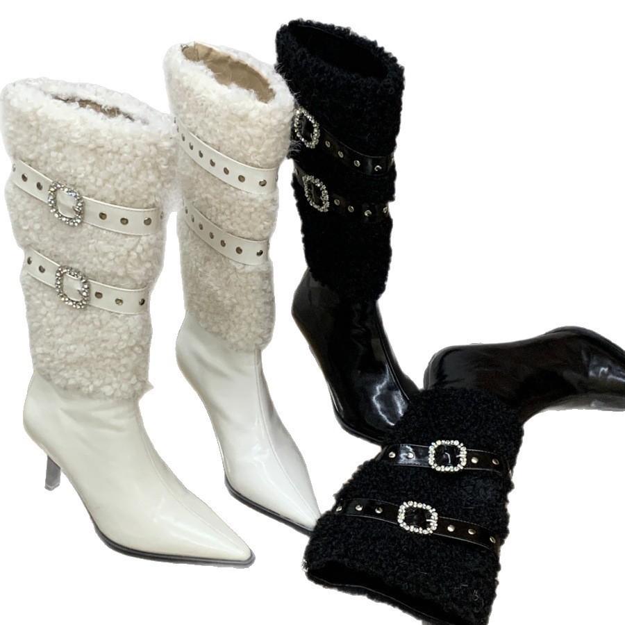 Fashion pants boots 2025 autumn and winter new pointed high heel temperament sleeve rivet belt buckle fashion short boots