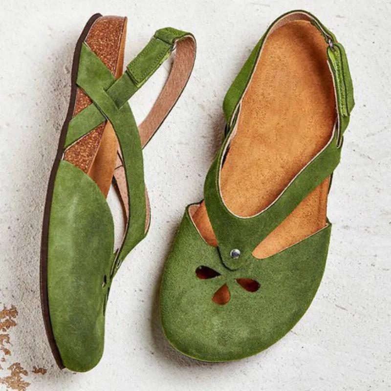 Summer Women Sandals Leather Flat Sandals Round Toe Female Casual Ankle Strap Hollow Sandals Elegant Soft Beach Sole Woman Shoes