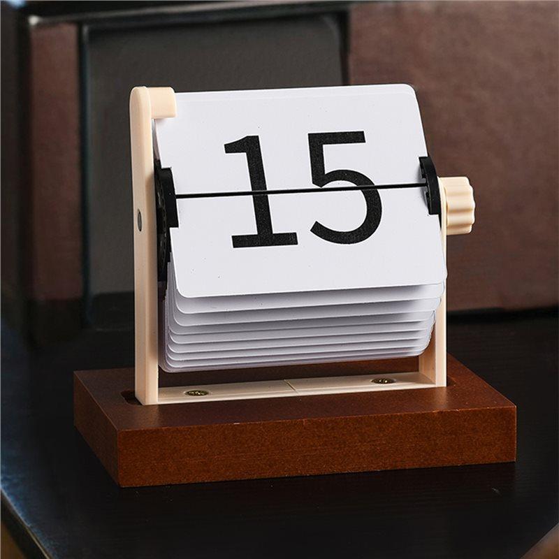 A58Z Rotating Mechanism Wooden Perpetual Calendar-Vintage Flip Desktop Calendar, Nordic Minimalist Home Office Decor