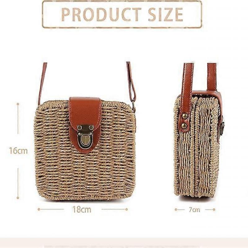 Womens Retro Straw Woven Cross Body Bags Portable Small Box Shoulder Bags Messenger Satchel Brown