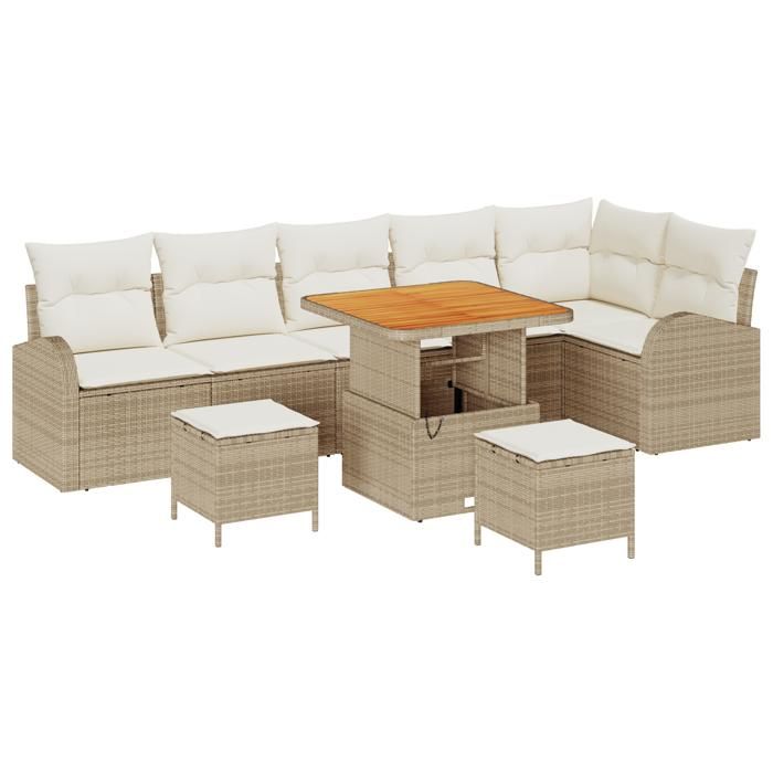 Canapé de Jardin 9 Pièces avec Coussins Beige Poly Rattan, Canapé de Jardin 2 Places avec Coussins Beige Poly Rattan, 3362411