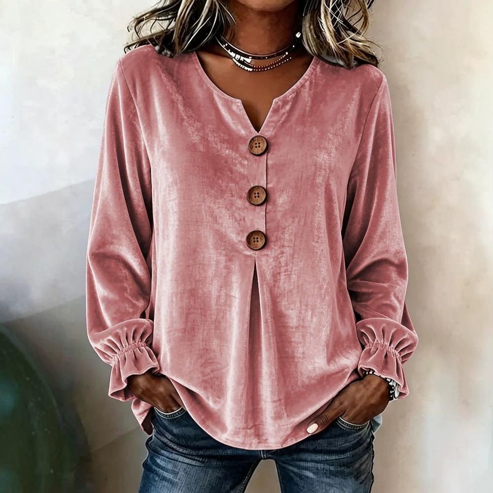 Fashion Velvet Long Sleeve Shirt, V Neck Button Down Blouse for Women