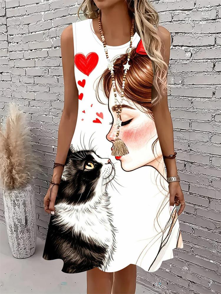 Lässiges Damen Tanktop-Kleid Sommer Ärmellos O-Ausschnitt 3D-Druck Locker A-Linien-Kleid Strand-Westenkleid