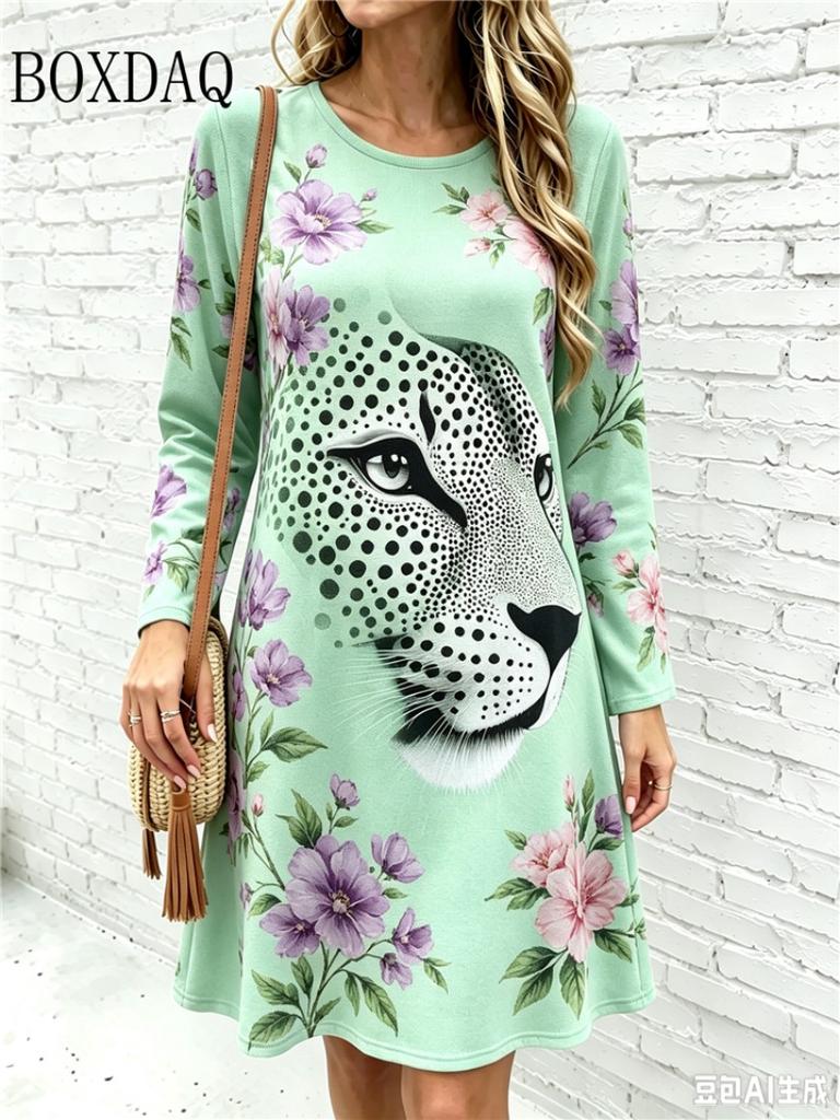 2026 Women's Fashion Dresses Women's Polka Dot Leopard Print Dress Loose Pullovers Casual Autumn Long Sleeve Home A-Line Dress