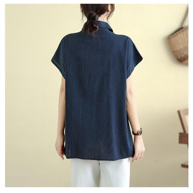 Cotton and Linen Short-sleeved Shirt Summer Striped New Loose Slim Fit Artistic Mid-length Top