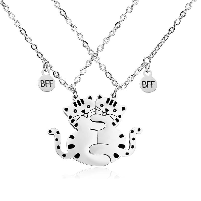 2 Pcs Bff Cat Matching Necklace Stainless Steel Best Friend Necklaces Friendship Jewelry Gifts