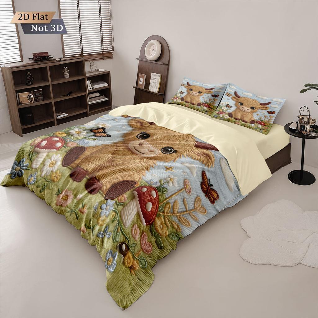 3Pcs Imitation Fabric Bad Highland Cow Print Down Duvet Cover Set, Multi Size Bedroom Bedding Decoration, Machine Washable
