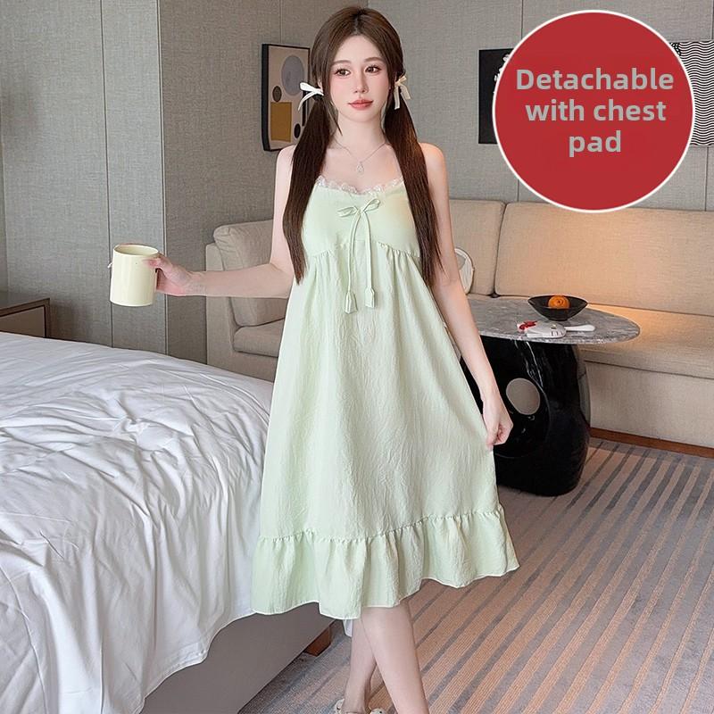 Women's V-Neck Plus Size M-5XL Nightgown Summer Solid Lace Splicing Casual Oversize Nightdress with Chest Pad Sleepwear Homewear