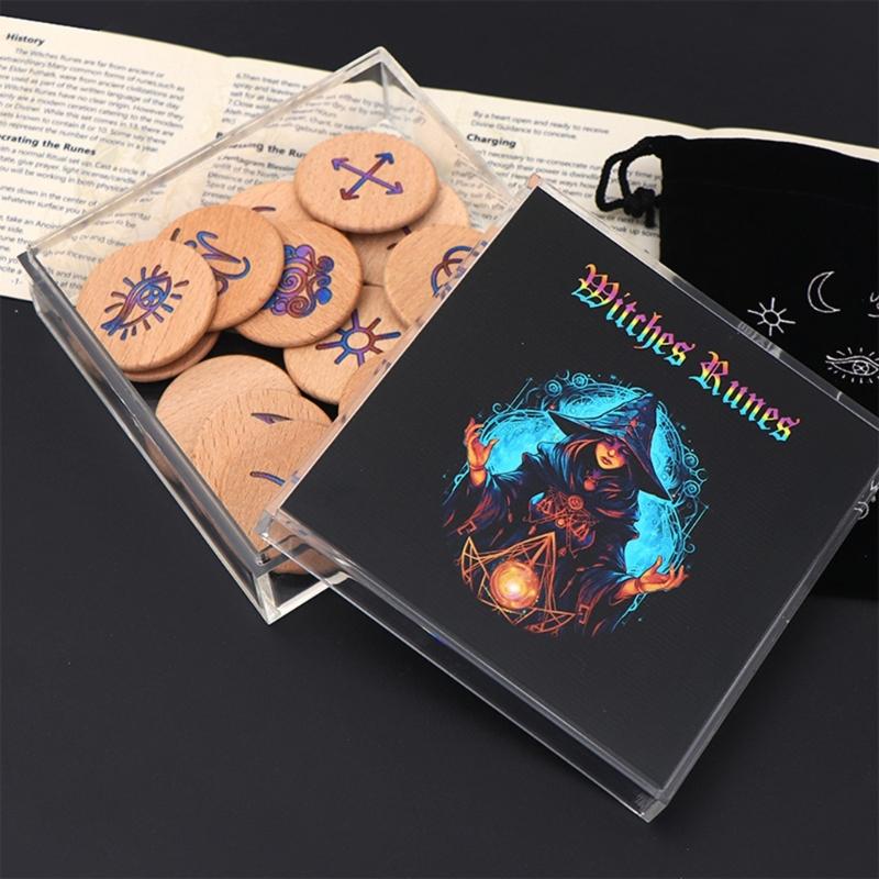 Hand Carved Wooden Runes Symbols Set Divination Runes Stone with Instruction and Storage Bag Heal Gift Decoration