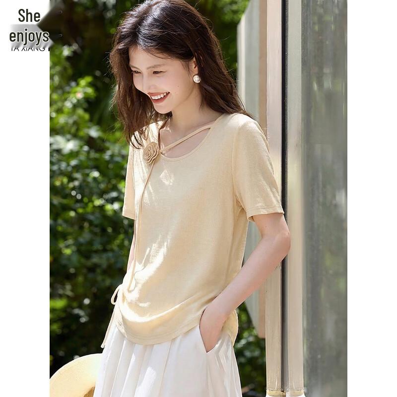 Women's Rose Drawstring Ruched Short-Sleeve T-Shirt